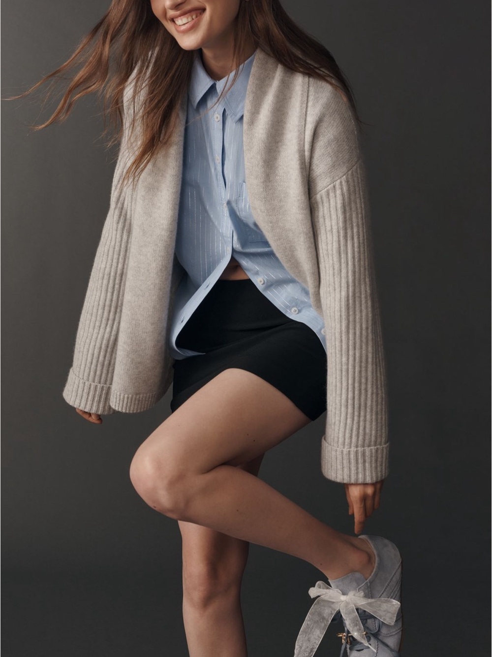 Maeve Open-Front Ribbed-Sleeve Cardigan in Light Gray